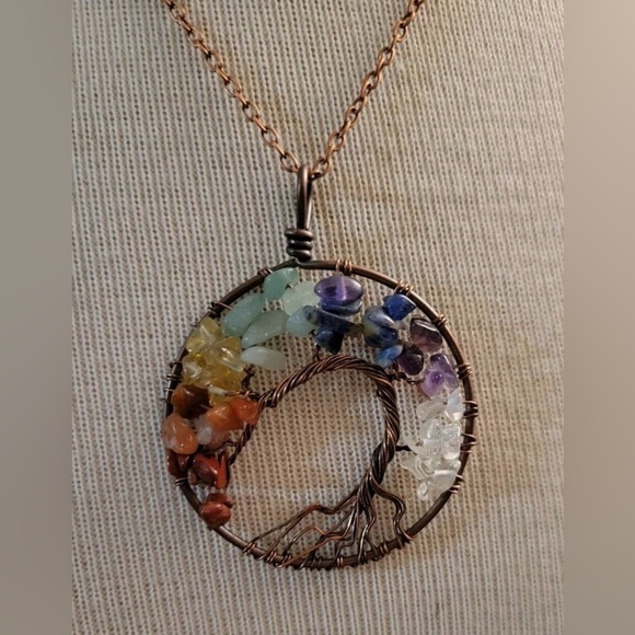Rainbow Glass Pebbles on Copper Tree Of Life Pendant Necklace OSFA - Picture 2 of 4